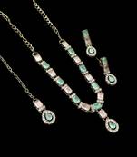 Pink & pista color necklace set with earrings and maang tikka – agate stone, antique gold plating