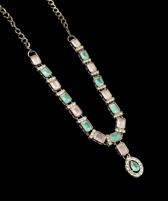 Pink & pista color necklace set with earrings and maang tikka     agate stone, antique gold plating 4
