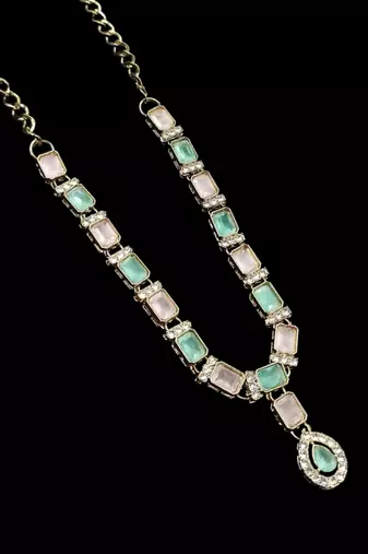 Pink & pista color necklace set with earrings and maang tikka     agate stone, antique gold plating