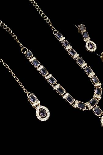 Purple color necklace set with earrings and maang tikka – agate stone, antique gold plating