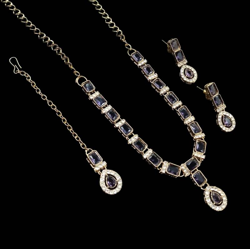 Purple color necklace set with earrings and maang tikka – agate stone, antique gold plating