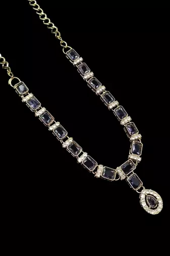 Purple color necklace set with earrings and maang tikka     agate stone, antique gold plating