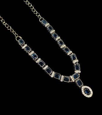 Blue color necklace set with earrings and maang tikka     agate stone, antique gold plating 3
