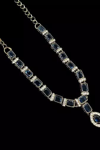 Blue color necklace set with earrings and maang tikka     agate stone, antique gold plating
