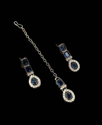 Blue color necklace set with earrings and maang tikka     agate stone, antique gold plating 4