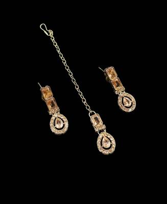 Champagne color necklace set with earrings and maang tikka     agate stone, antique gold plating 3