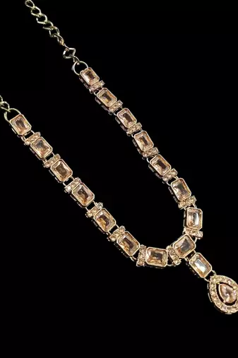 Champagne color necklace set with earrings and maang tikka     agate stone, antique gold plating
