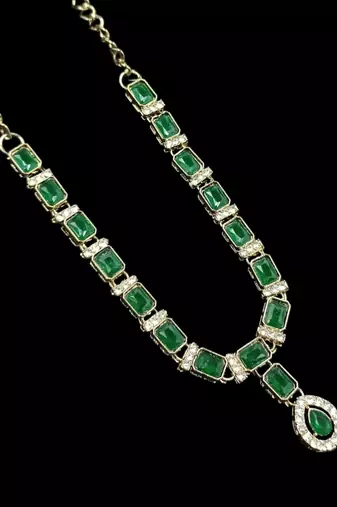 Green color necklace set with earrings and maang tikka     agate stone, antique gold plating