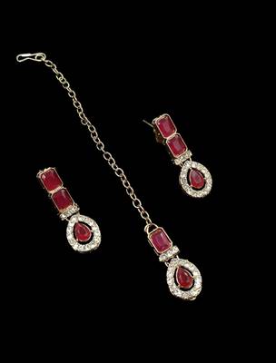 Maroon color necklace set with earrings and maang tikka     agate stone, antique gold plating 4