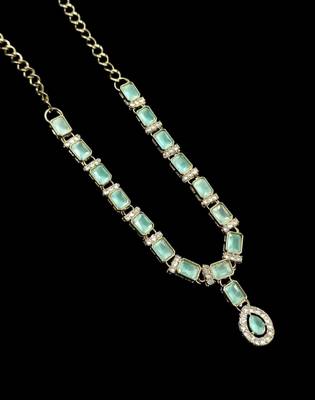 Pista color necklace set with earrings and maang tikka     agate stone, antique gold plating 3