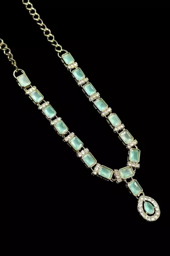 Pista color necklace set with earrings and maang tikka     agate stone, antique gold plating