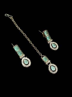 Pista color necklace set with earrings and maang tikka     agate stone, antique gold plating 4