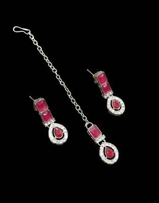 Maroon color necklace set with earrings & maang tikka | agate stone | rhodium plated 3