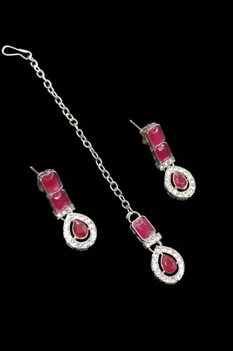 Maroon color necklace set with earrings & maang tikka | agate stone | rhodium plated