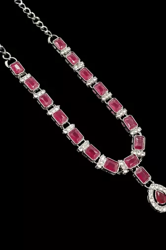 Maroon color necklace set with earrings & maang tikka | agate stone | rhodium plated