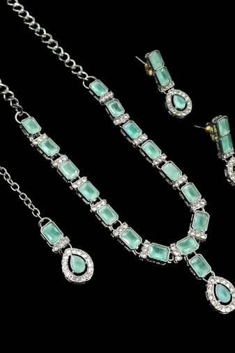 Pista color necklace set with earrings & maang tikka | agate stone | rhodium plated
