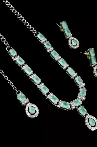 Pista color necklace set with earrings & maang tikka | agate stone | rhodium plated