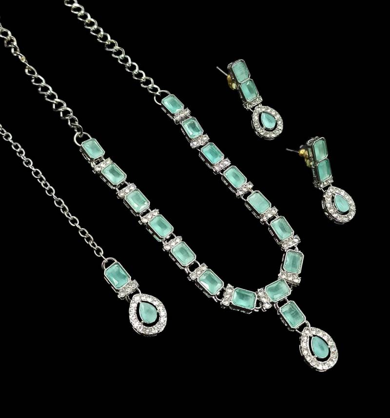Pista color necklace set with earrings & maang tikka | agate stone | rhodium plated