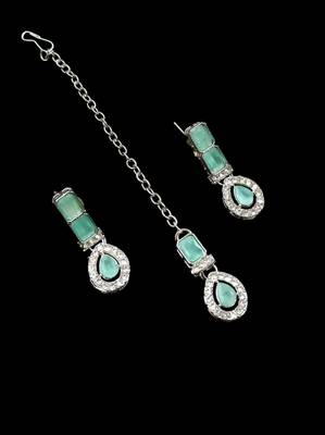 Pista color necklace set with earrings & maang tikka | agate stone | rhodium plated 3