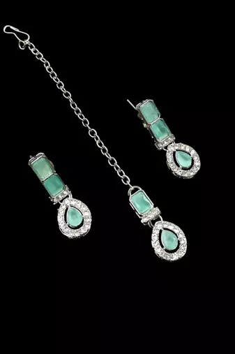 Pista color necklace set with earrings & maang tikka | agate stone | rhodium plated