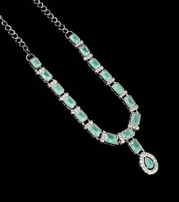 Pista color necklace set with earrings & maang tikka | agate stone | rhodium plated 4