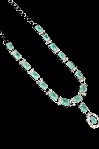 Pista color necklace set with earrings & maang tikka | agate stone | rhodium plated