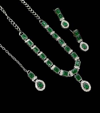Green color necklace set with earrings & maang tikka | agate stone | rhodium plated 2