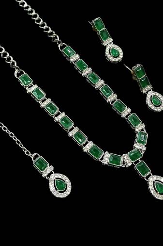 Green color necklace set with earrings & maang tikka | agate stone | rhodium plated