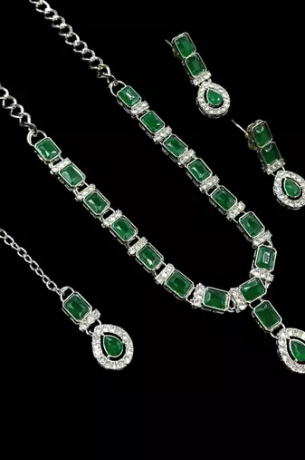 Green color necklace set with earrings & maang tikka | agate stone | rhodium plated
