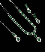 Green color necklace set with earrings & maang tikka | agate stone | rhodium plated