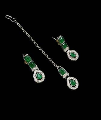 Green color necklace set with earrings & maang tikka | agate stone | rhodium plated 3