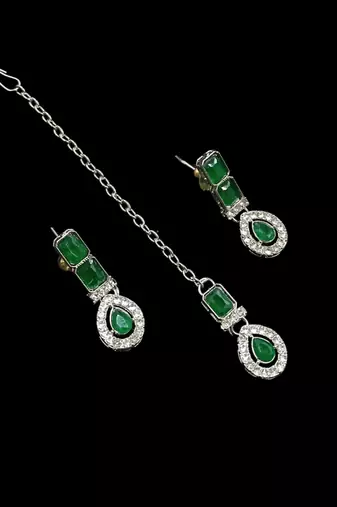 Green color necklace set with earrings & maang tikka | agate stone | rhodium plated