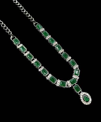 Green color necklace set with earrings & maang tikka | agate stone | rhodium plated 4