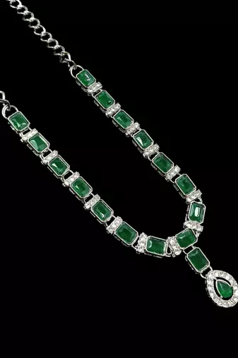 Green color necklace set with earrings & maang tikka | agate stone | rhodium plated