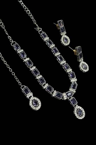 Purple color necklace set with earrings & maang tikka | agate stone | rhodium plated