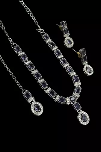 Purple color necklace set with earrings & maang tikka | agate stone | rhodium plated