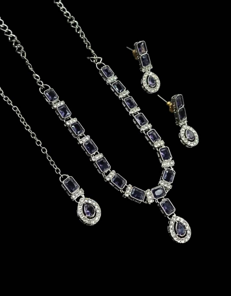 Purple color necklace set with earrings & maang tikka | agate stone | rhodium plated