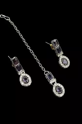 Purple color necklace set with earrings & maang tikka | agate stone | rhodium plated