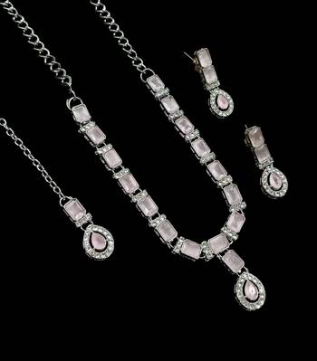 Baby pink color necklace set with earrings & maang tikka | agate stone | rhodium plated 1