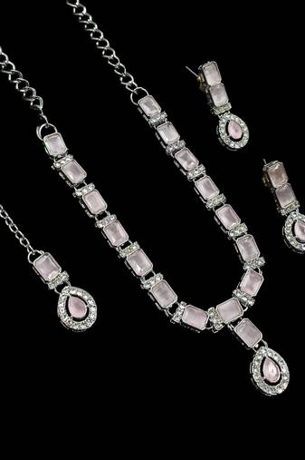 Baby pink color necklace set with earrings & maang tikka | agate stone | rhodium plated