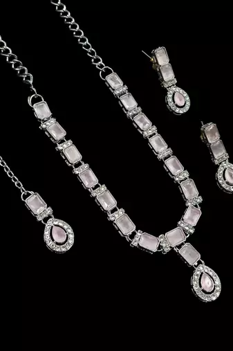Baby pink color necklace set with earrings & maang tikka | agate stone | rhodium plated