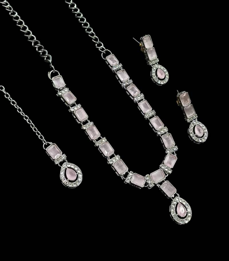 Baby pink color necklace set with earrings & maang tikka | agate stone | rhodium plated