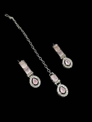 Baby pink color necklace set with earrings & maang tikka | agate stone | rhodium plated 2