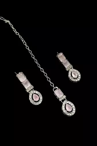 Baby pink color necklace set with earrings & maang tikka | agate stone | rhodium plated