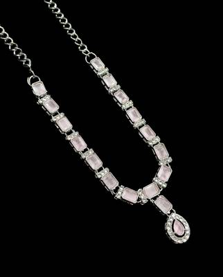Baby pink color necklace set with earrings & maang tikka | agate stone | rhodium plated 3