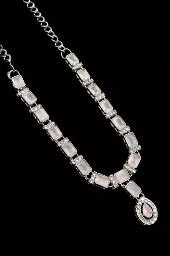 Baby pink color necklace set with earrings & maang tikka | agate stone | rhodium plated
