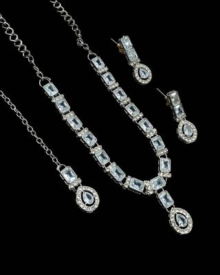White color necklace set with earrings & maang tikka | agate stone | rhodium plated 2