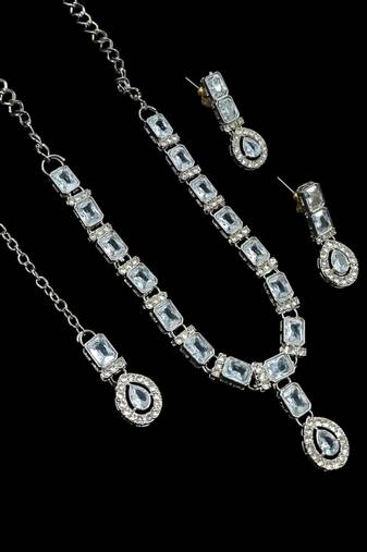 White color necklace set with earrings & maang tikka | agate stone | rhodium plated