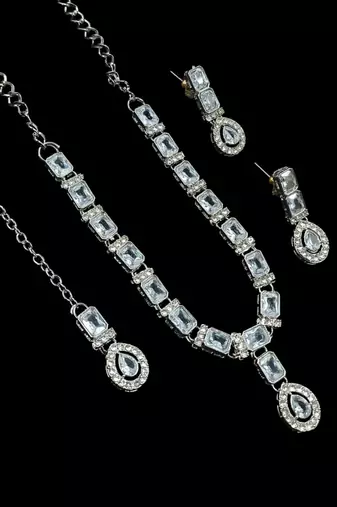 White color necklace set with earrings & maang tikka | agate stone | rhodium plated