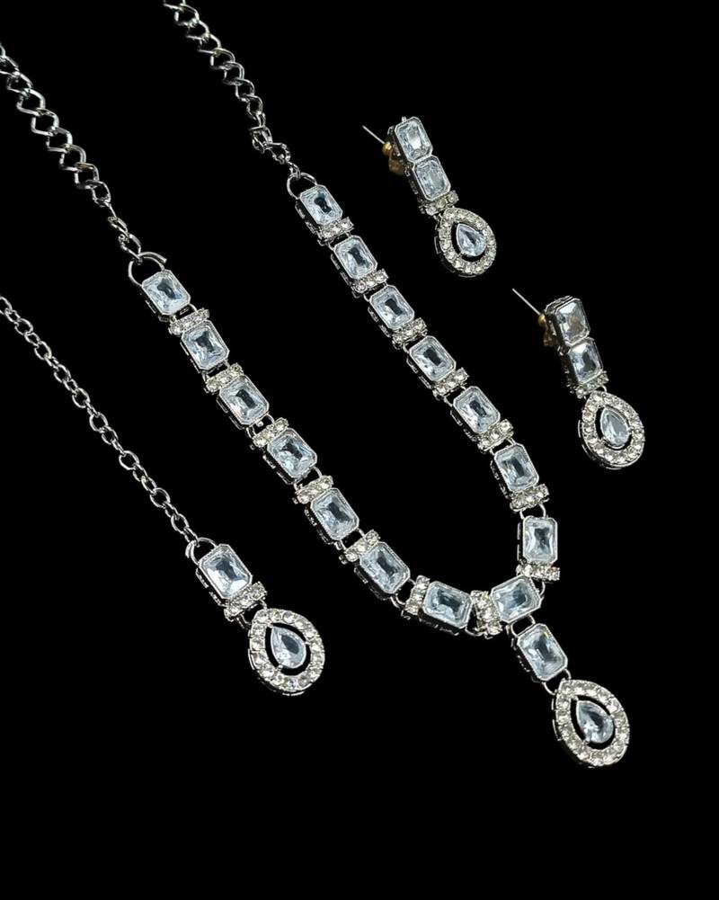 White color necklace set with earrings & maang tikka | agate stone | rhodium plated